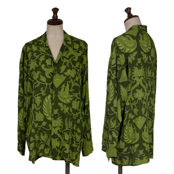 【中古】 ヨウジヤマモトファムYohji Yamamoto FEMME レーヨンボタニカル総柄プリントオープンカラーシャツ 緑M【レディース】