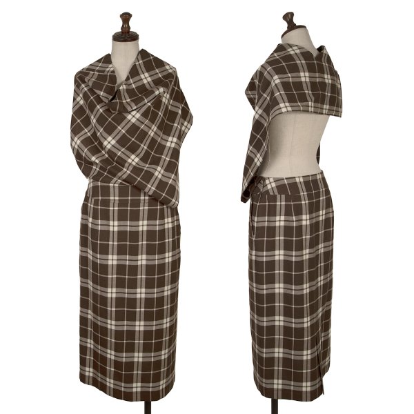 【中古】 トリココムデギャルソンtricot COMME des GARCONS ウールオーバーチェックホルターネックワンピース 茶オフM【レディース】