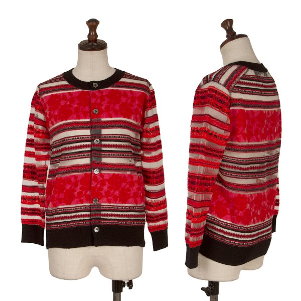 【中古】 トリココムデギャルソンtricot COMME des GARCONS サクラ色間借り人織りシアーカーディガン 赤黒M位【レディース】
