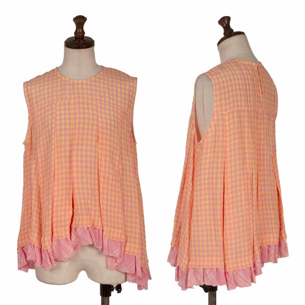 【中古】 トリココムデギャルソンtricot COMME des GARCONS レーヨンヘムうつり変わりギンガムチェックノースリーブフレアブラウス サクラ色黄S【レディース】