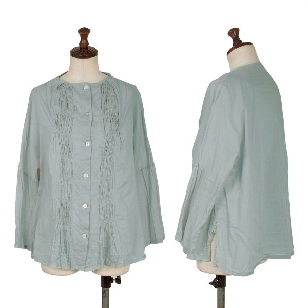 【中古】 プランテーションPlantation コットンタックフロントノーカラーブラウス 水色M【レディース】｜PLAYFUL