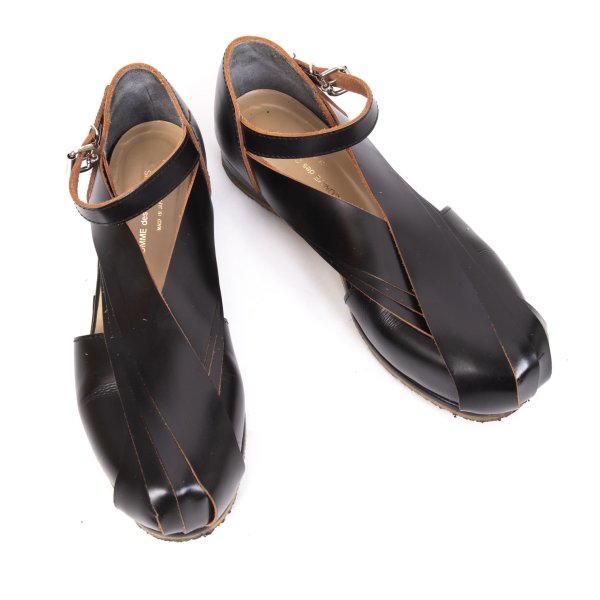 【中古】 コムデ給仕COMME des GARCONS レザークロスデザインガムソールシューズ 黒24【レディース】