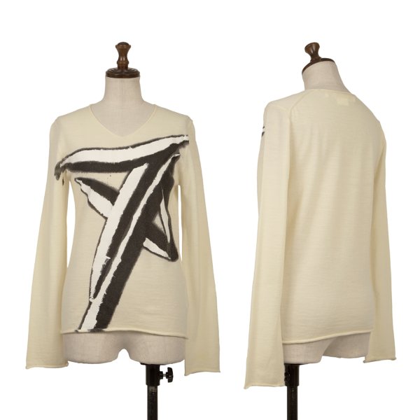 【中古】 コムデ給仕COMME des GARCONS ウールグラフィックペイントニットソー 象牙色S【レディース】