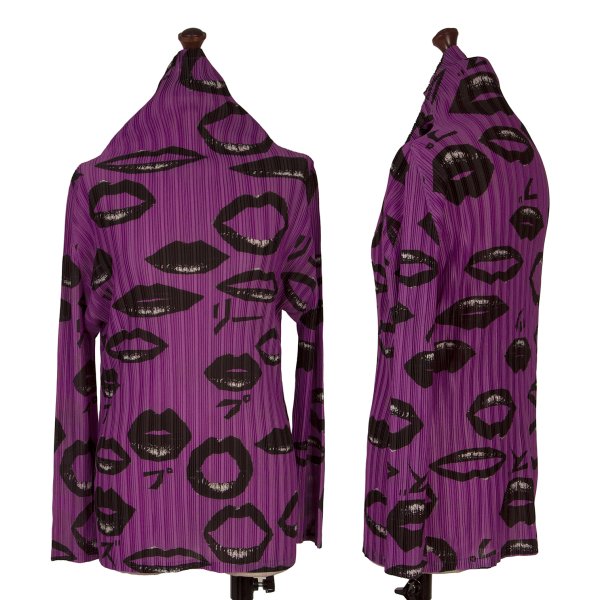 【中古】 筋目プリーズPLEATS PLEASE プリーツリッププリントタートルネックカットソー 紫黒3【レディース】