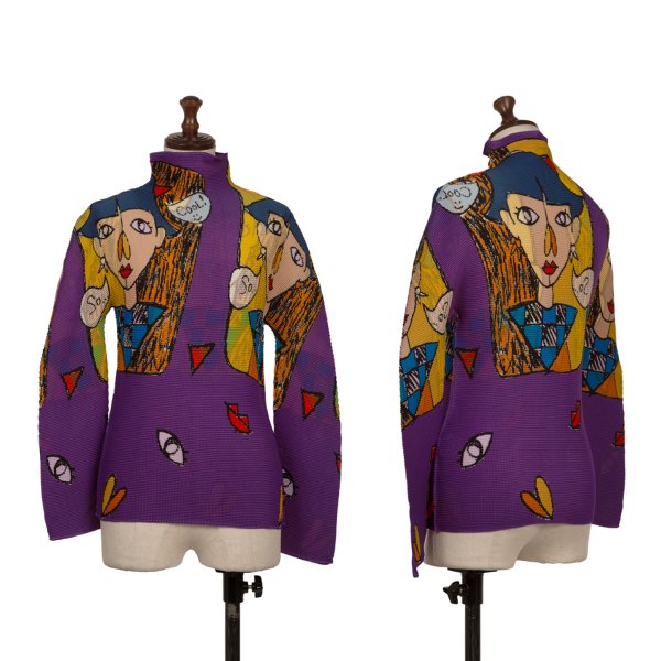 【中古】 イッセイミヤケミーISSEY MIYAKE me ストレッチプリーツフェイスグラフィックプリントカットソー 紫他F【レディース】|PLAYFUL