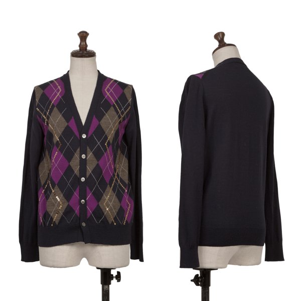 【中古】 トリココムデギャルソンtricot COMME des GARCONS スパンコールかざり付けるアーガイルニットカーディガン 紺紫茶M位【レディース】