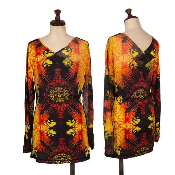 【中古】 ジャンポールゴルチエファムJean Paul GAULTIER FEMME バタフライプリントパワーネットレイヤードトップス 赤黒黄色40【レディース】|PLAYFUL