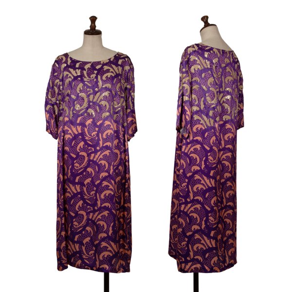 【中古】 ドリスヴァンノッテンDRIES VAN NOTEN スパンコール装飾総柄半袖ワンピース 紫ピンクXS【レディース】｜PLAYFUL