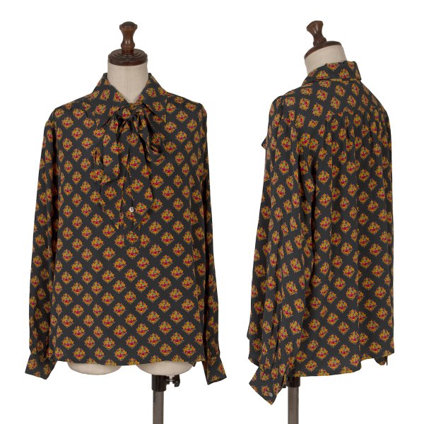 【中古】 Yves Saint Laurent×ALPHA CUBIC タイネックフローラルプリントプルオーバーブラウス 黒他36【レディース】|PLAYFUL
