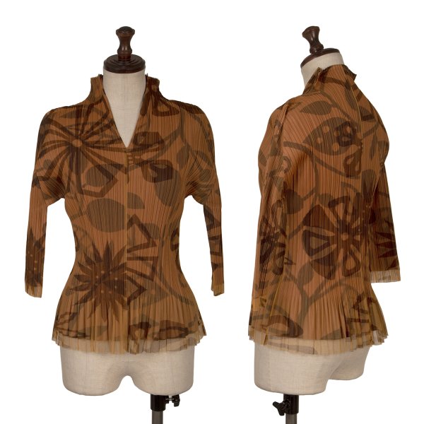 【中古】 プリーツプリーズPLEATS PLEASE メッシュレイヤードフラワープリントスキッパートップス 茶3【レディース】|PLAYFUL