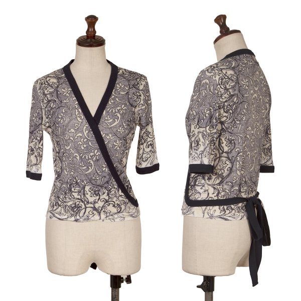 【中古】 ジャンポールゴルチエファムJean Paul GAULTIER FEMME ボタニカルプリントストリング半袖カーディガン 紺クリーム白40【レディース】｜PLAYFUL