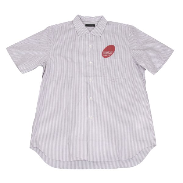 【中古】 コムデギャルソン オムプリュスCOMME des GARCONS HOMME PLUS 顔料オーバルロゴプリントストライプ半袖シャツ 白ボルドーL位【メンズ】|PLAYFUL