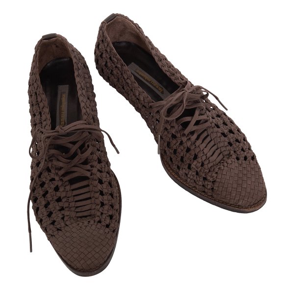 【中古】 イッセイミヤケISSEY MIYAKE レースアップ編み込みメッシュヒールシューズ 茶23.5【レディース】|PLAYFUL