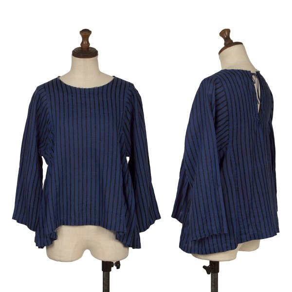 【中古】 コムコム コムデギャルソンCOMME des GARCONS リネンストライプフレアブラウス 青黒XS【レディース】|PLAYFUL
