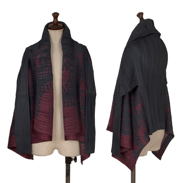 【中古】 プリーツプリーズPLEATS PLEASE グラフィックプリント変形ボタンレスカーディガン 紺紫3【レディース】｜PLAYFUL