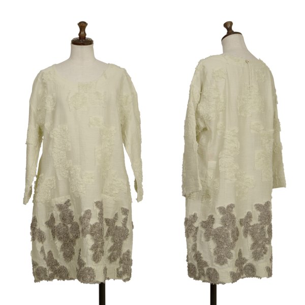 【中古】 イッセイミヤケ ハートISSEY MIYAKE HaaT コットンナイロン起毛パッチデザイン七分袖チュニック クリームグレー3【レディース】｜PLAYFUL