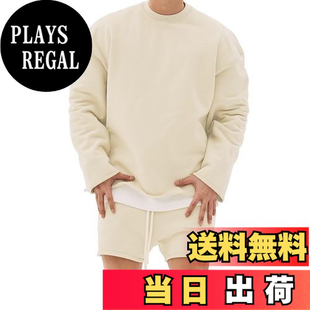 【送料無料】[KULIXI] トレーナー 長袖 メンズ 無地 プルオーバー トレーナー トップス カジュアル スポーツ トレーニングウェア 筋トレ ジム 丸首 おしゃれ オーバーサイズ パーカー 春秋服 CA-1143 色：0298+5344A(ベージュ)、サイズ：L