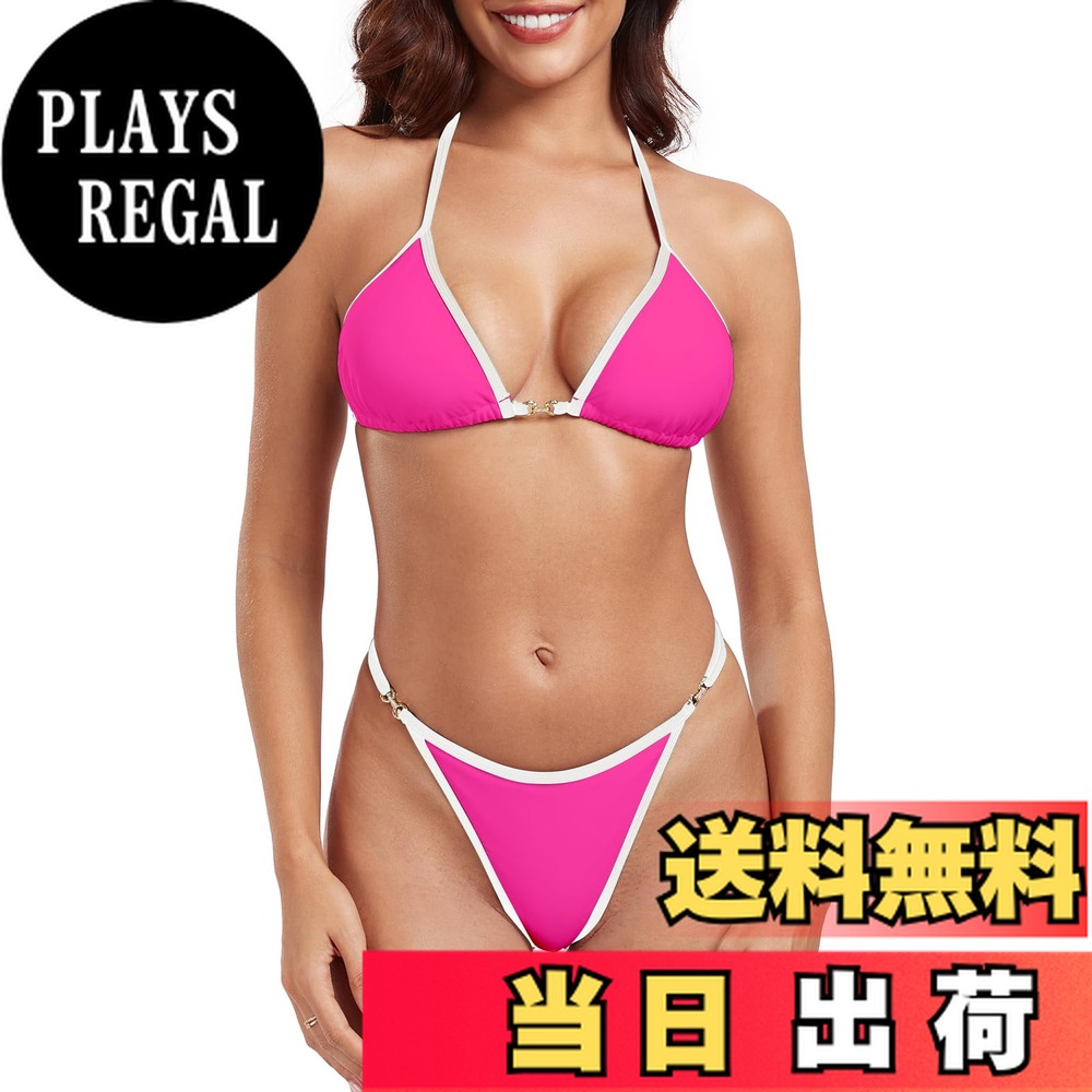 【送料無料】 水着 レディース ビキニセット 5ネック Tバック ブラジリアン 2点 ビキニセット 海 プール 色：ホットピンク、サイズ：XL