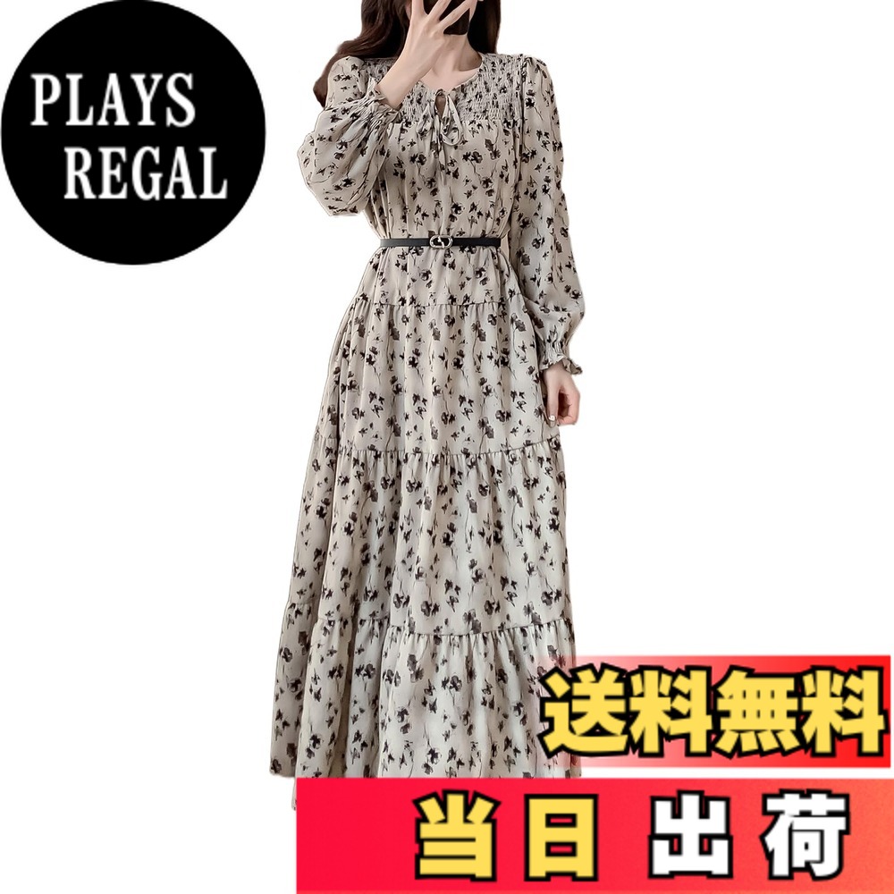 【送料無料】 ロングワンピース 春 秋 レディース 花柄 ワンピース シフォン 長袖 ドレス Aライン フレアー ワンピース ベルト付き おしゃれ きれいめ 色：グレー、サイズ：XL