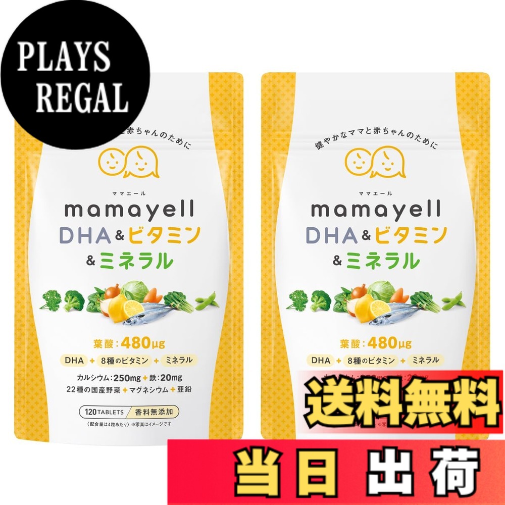【送料無料】ママエールDHA＆ビタミン＆ミネラル 葉酸 高配合 480μg 妊婦 妊娠 産後 サプリメント DHA 8種類のビタミン ミネラル 鉄 カルシウム 亜鉛 国産野菜22種 配合 1か月分 サイズ：2袋