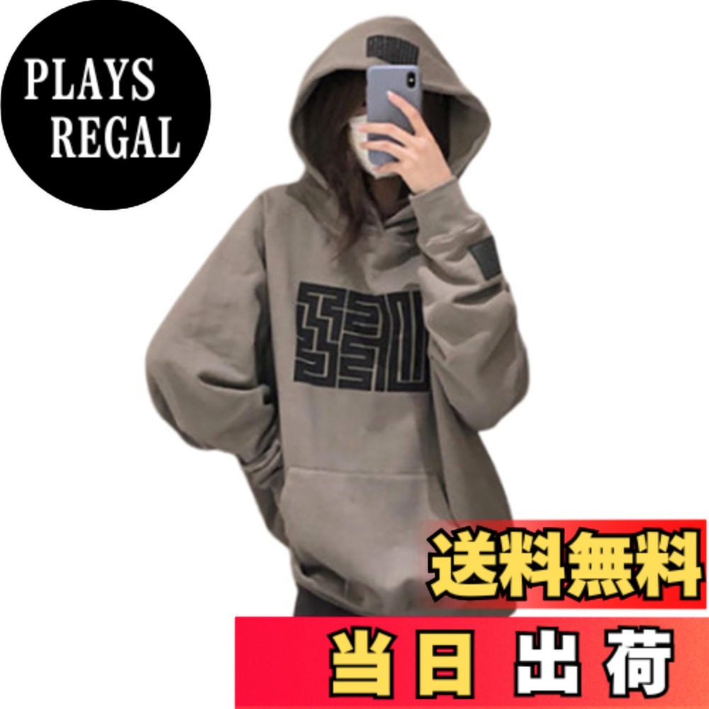 【送料無料】[BLANK BLANC] パーカー 裏起毛 プルオーバー レディース 長袖 フード付き プリント柄 大きめ トップス 秋 冬 春 色：グレー、サイズ：L