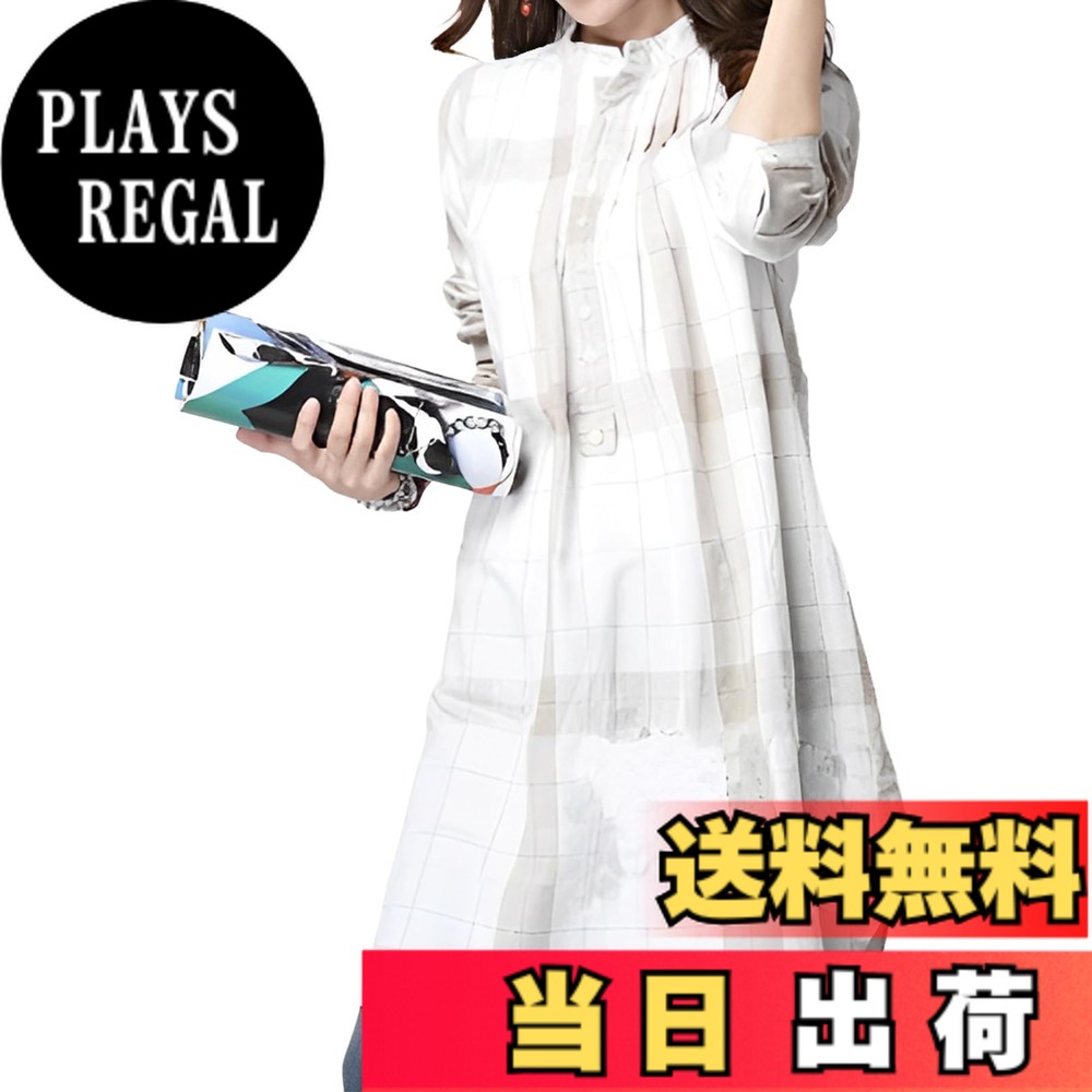 【送料無料】[BLANK BLANC] レディース チュニック シャツワンピース 長袖 チェック 体型カバー 薄手 きれいめ 通勤 春 秋 シャツ ブラウス 上品 色：ホワイト、サイズ：2XL