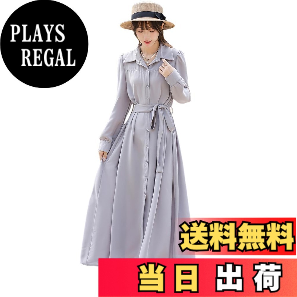 【送料無料】[Collecala] 春ワンピース レディース長袖 シャツワンピース ウエストベルト 春秋きれいめロングワンピ ボダンダウン体型カバー春服 実物撮影女装 女性春物 色：グレー、サイズ：L