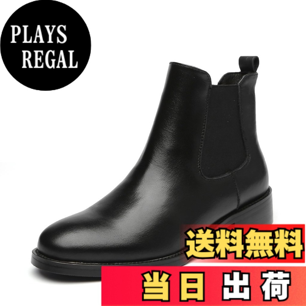 【貨物輸送無料】[Placck] 本革 レディースショートブーツ 黒 チェルシーブーツ 気が大きい大きさ 雨合羽 色：黒いこと、大きさ：24.5 糎