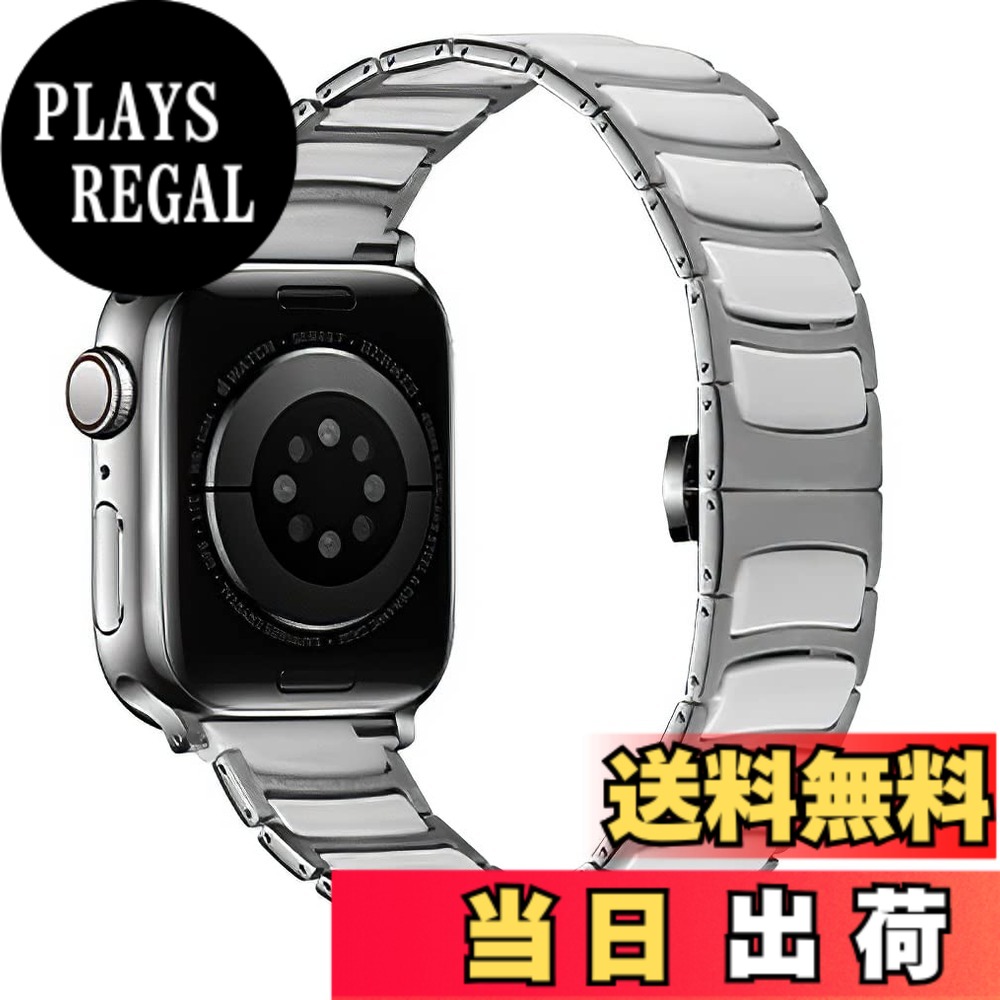 【送料無料】MaKTech セラミックバンド、薄型ステンレス象嵌セラミックベルト、Apple Watch 11/10/9/8/7,Ultra 3/2/1,SE 3/2/1 [2025]に対応 色：シルバー/ホワイト、サイズ：46mm/45mm/44mm/49mm