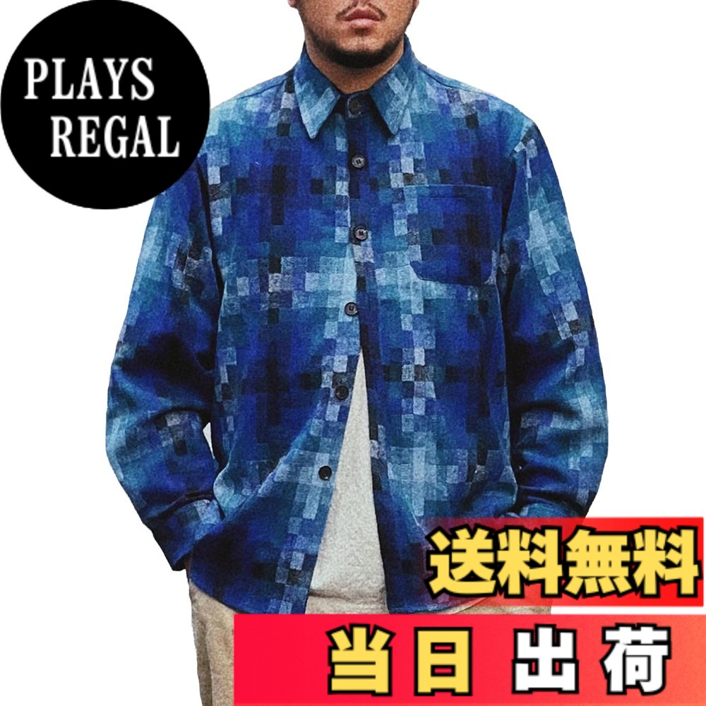 【送料無料】[CHANGE WELL] メンズ 「2023AW」ストリート ファッション シルエット 秋冬服 【グラデーション チェック柄】 微起毛 厚手 長袖シャツ 秋冬アウター 色：ブルー、サイズ：XL