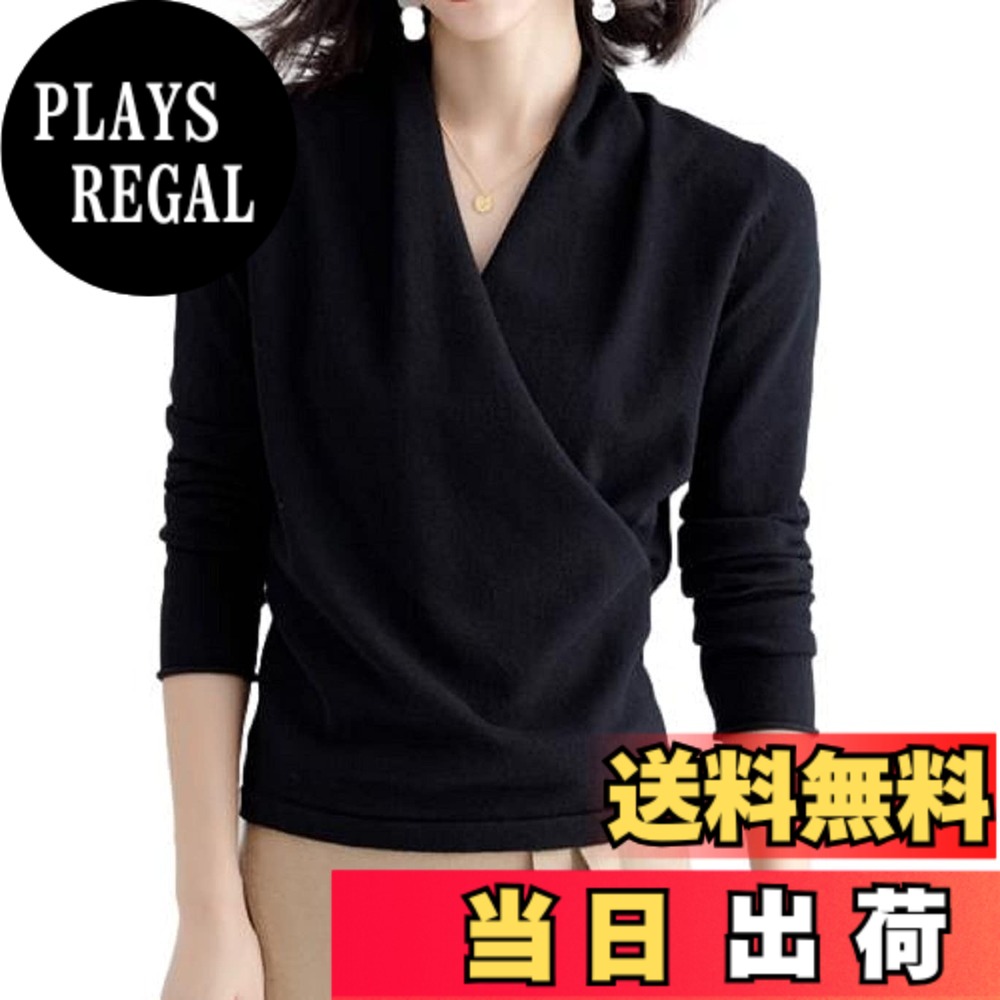 【送料無料】[スリーピングシープ]カシュクール ニット セーター 長袖 Vネック レディース トップス シンプル オフィス カジュアル 色：ブラック、サイズ：S