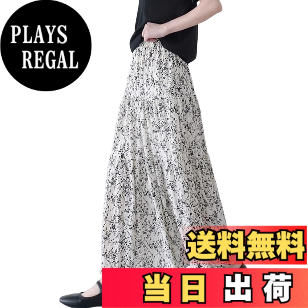 【送料無料】[エムエルーセ] スカート ロング丈 シフォン 小花柄 ゆったり ウエストゴム 体型 カバー 春 夏 秋 レディース 色：ホワイト、サイズ：XL