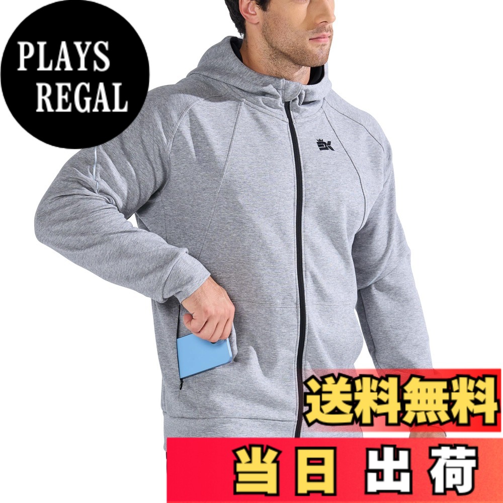 【送料無料】[BROKIG] 軽護 パーカー メンズ ジップアップ 8.5オンス メッシュ フード付き スウェットシャツ スマホ収納ポケット付き スポーツ トレーニングウェア カジュアル 長袖 ジップパーカー 無地 色：ライトグレー(サイズ表は図6をご参照ください)、サイズ：S