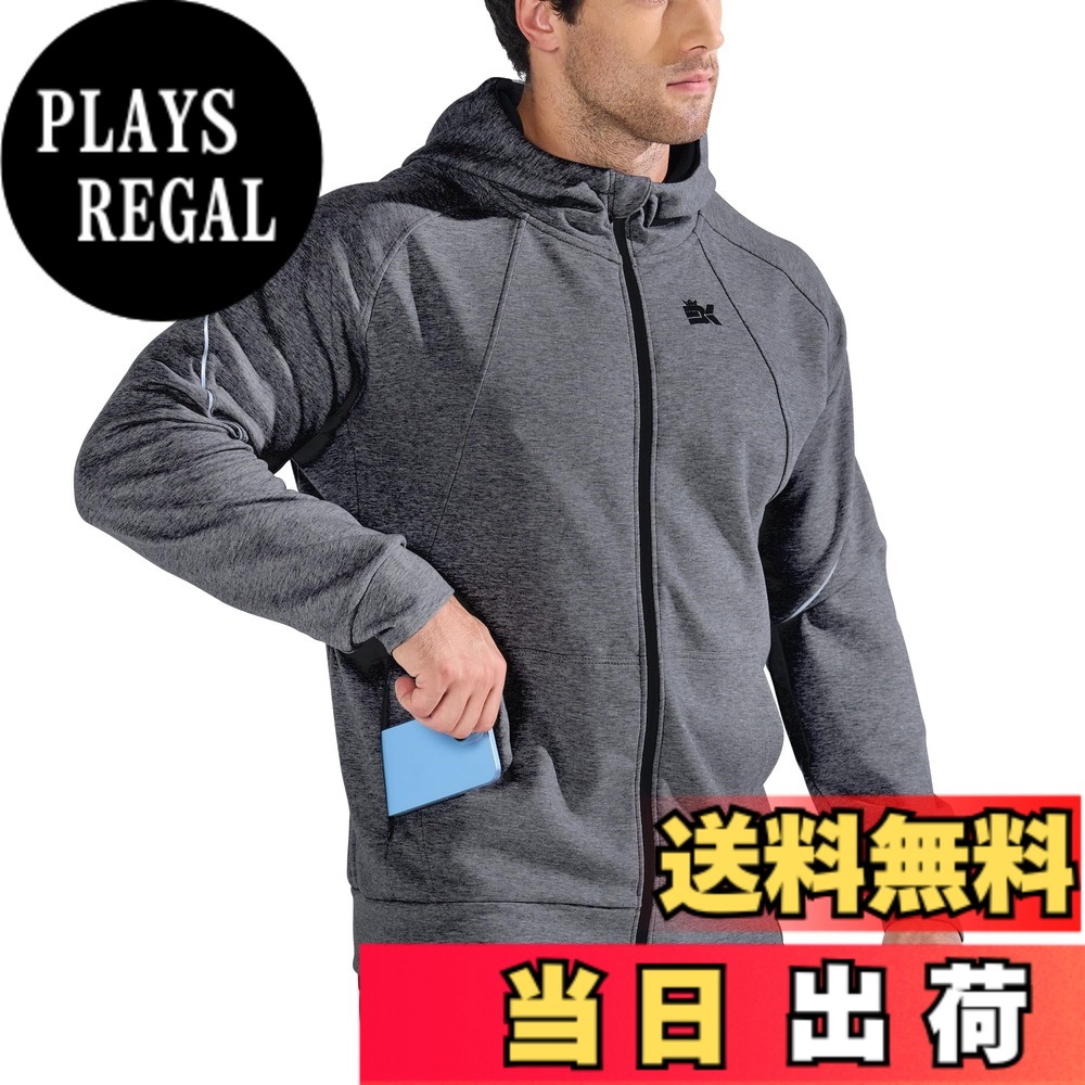 【送料無料】[BROKIG] 軽護 パーカー メンズ ジップアップ 8.5オンス メッシュ フード付き スウェットシャツ スマホ収納ポケット付き スポーツ トレーニングウェア カジュアル 長袖 ジップパーカー 無地 色：ダークグレー(サイズ表は図6をご参照ください)、サイズ：L