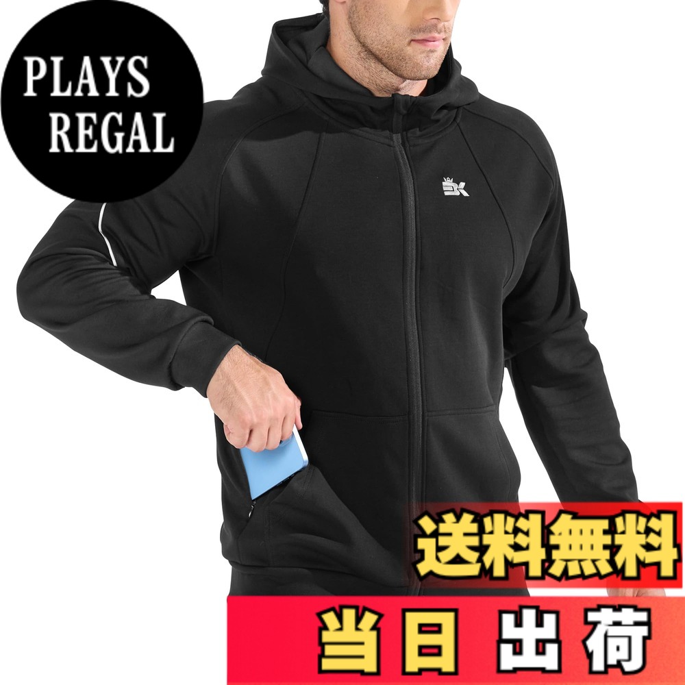 【送料無料】[BROKIG] 軽護 パーカー メンズ ジップアップ 8.5オンス メッシュ フード付き スウェットシャツ スマホ収納ポケット付き スポーツ トレーニングウェア カジュアル 長袖 ジップパーカー 無地 色：ブラック(サイズ表は図6をご参照ください)、サイズ：S