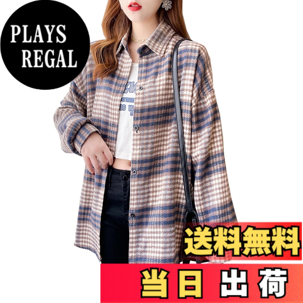 【送料無料】[CoeFodMavo] ブラウス レディース 長袖 シャツ チェック柄 ロング丈 おしゃれ オーバーサイズ 千鳥格子 トップス 体型カバー ドロップショルダー 大きいサイズ ゆったり カジュアル オフィス 韓国 春 秋 冬 色：ブルー、サイズ：M