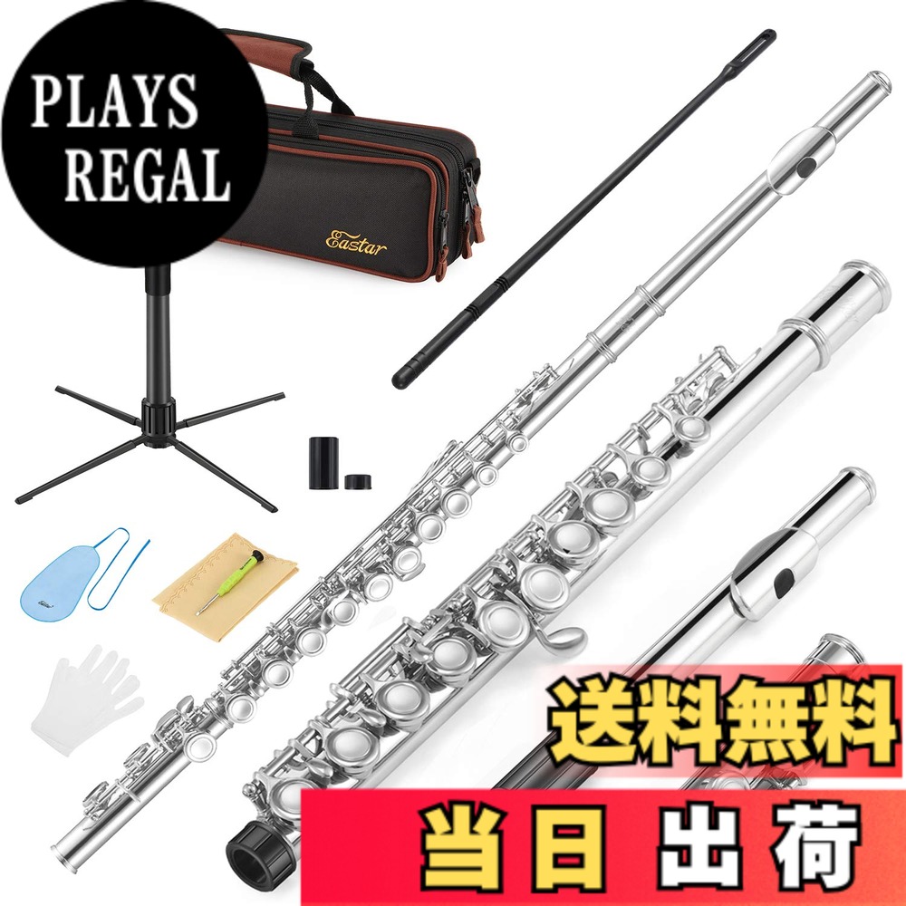 【送料無料】Eastar フルート カバードキー 16穴 Eメカ付き オフセット ニッケルメッキ スタンド&専門ケース 初心者セット (シルバー) 開学 プレセント|PLAYS REGAL