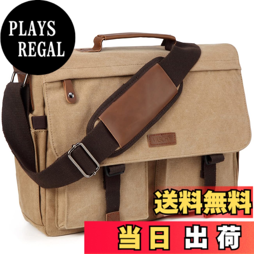 【送料無料】[Vaschy] メッセンジャーバッグ メンズ, 帆布 ショルダーバッグ 撥水加工 14インチPC収納 ビジネスバッグ 通学 通勤 斜めがけバッグ A4 カバン カーキ