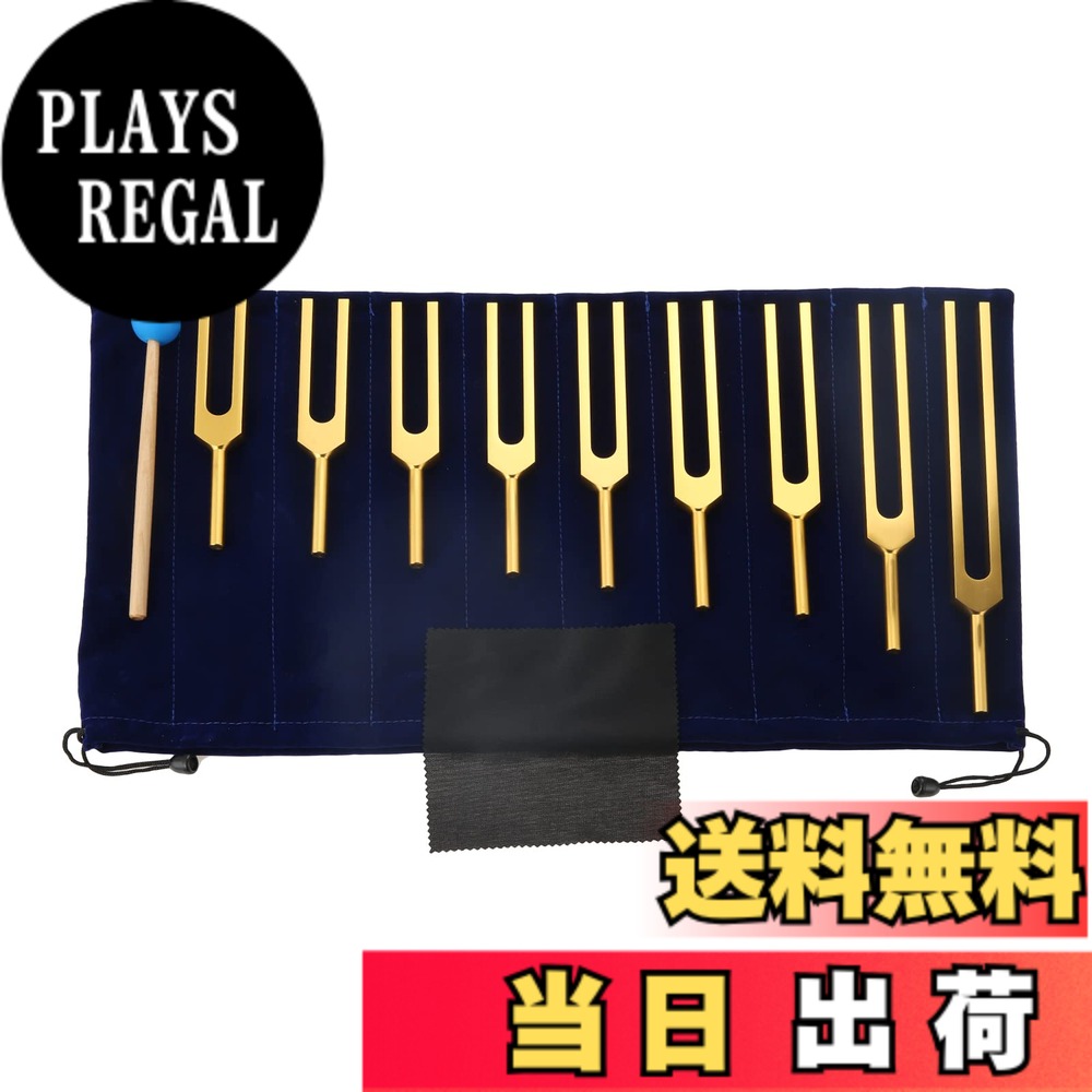 【送料無料】Dreld 音叉セット サウンドヒーリング セラピーツール リラックスするための9個チューニングフォークセット 174/285/396/417/528/639/741/852/963HZ シリコンハンマーとバッグ付き 振動 楽器 ゴールデン|PLAYS REGAL