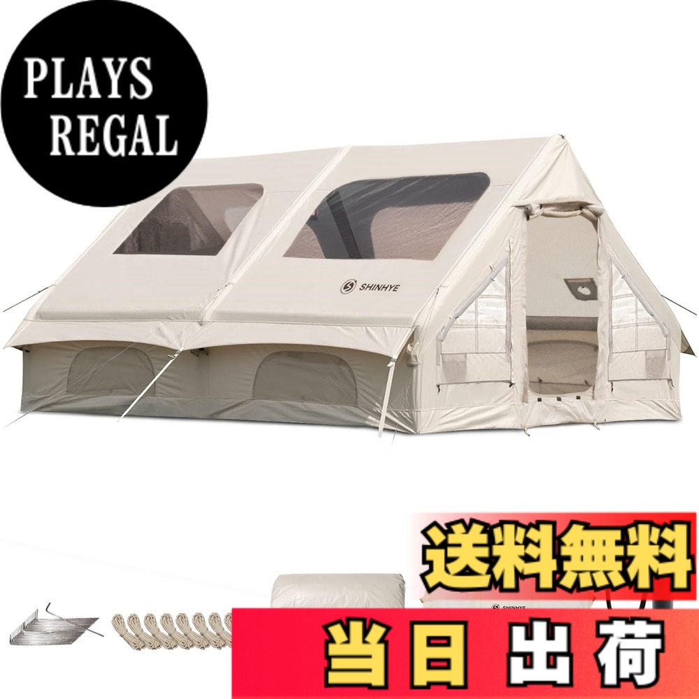 【送料無料】ShinHye エアーテント インフレータブルテント 12平米 4-8人用 ロッジ型 420Dオックスフォード 大きな透明天窓 メッシュ窓 煙突穴付き ファミリーテント 組立簡単 防蚊虫 遮熱 耐火 通気 4シーズン 収納袋・ペ 色：カーキ、サイズ：6~8人用(400x300x200cm)