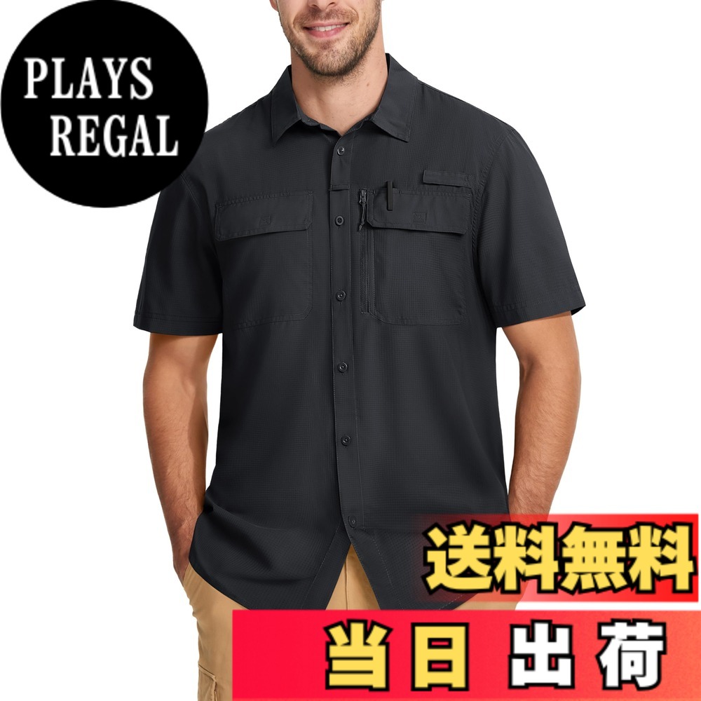 【送料無料】[MAGCOMSEN] ミリタリーシャツ 半袖 メンズ 釣りウェア UVカット タクティカルシャツ 登山 撥水 通気 メッシュ生地 作業着 夏用 涼しい 色：ブラック、サイズ：2XL