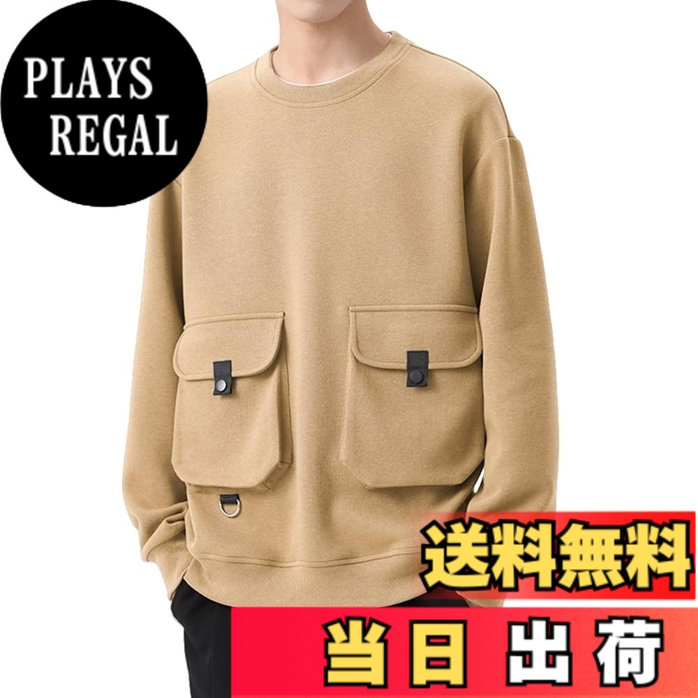 【送料無料】[HOTIAN] トレーナー メンズ スウェット ポケット付き 丸首 プルオーバー 春 秋 冬 トップス ゆったり パーカー お出かけ カジュアル 春秋服 W63 色：カーキ、サイズ：XL