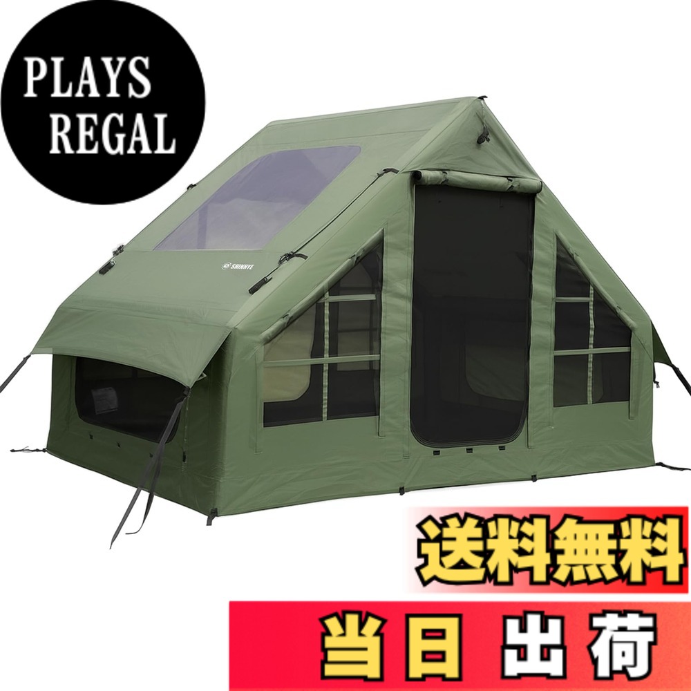 【送料無料】ShinHye インフレータブルテント エアーテント ロッジ型 6.6平米 2-4人用 420Dオックスフォード 大きな透明天窓 メッシュ窓 煙突穴付き ファミリーテント 組立簡単 防蚊虫 遮熱 耐火 通気 色:6.6sq-グリーンロッジ型、サイズ:300cm * 220cm * 220cm * 90cm|PLAYS REGAL