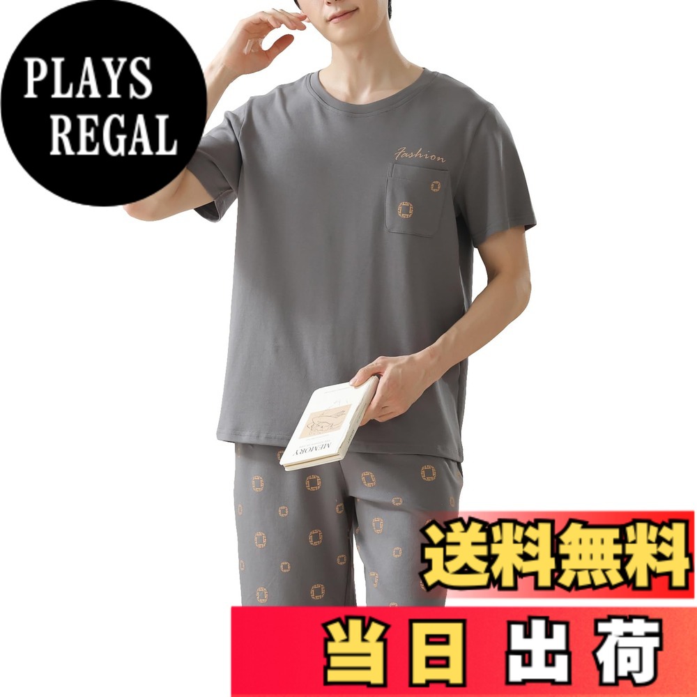 【送料無料】[PHOLEEY] メンズ パジャマセット 半袖 トップス ショートパンツ 柔らかいコットン ホームウェア 春夏着 色：134A、サイズ：L