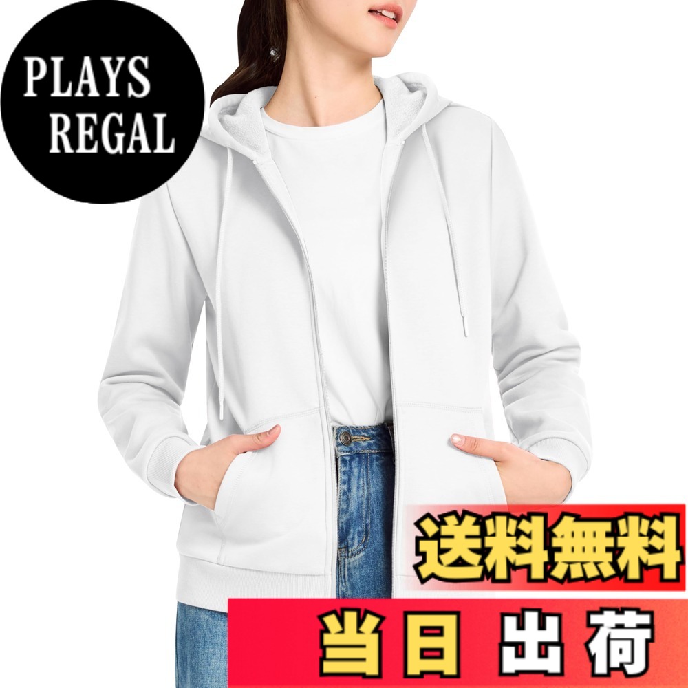 【送料無料】[TACVASEN] レディース スウェット ジップアップ フード付き フリース 裏地 パーカー カンガルーポケット 長袖 無地 カジュアルウエア ジップアップ 防寒着 大きいサイズ 軽量 春秋 色：ホワイト、サイズ：M