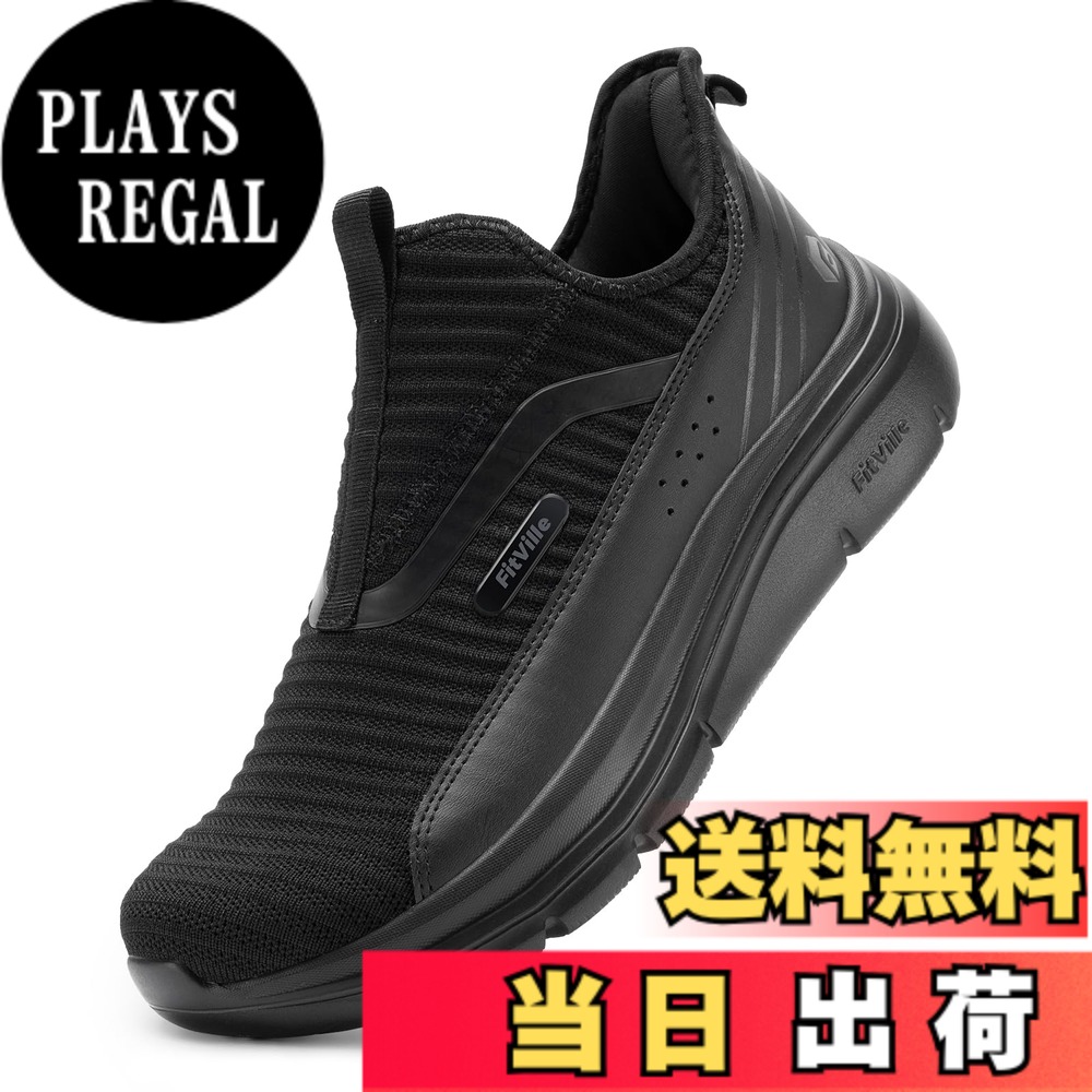 【送料無料】[FitVille] スニーカー スリッポン メンズ 幅広 2E 4E ランニング ウォーキング スポーツ シューズ 運動靴 脱ぎ履きしやすい 厚底 色：ブラック、サイズ：32.5 cm 2E