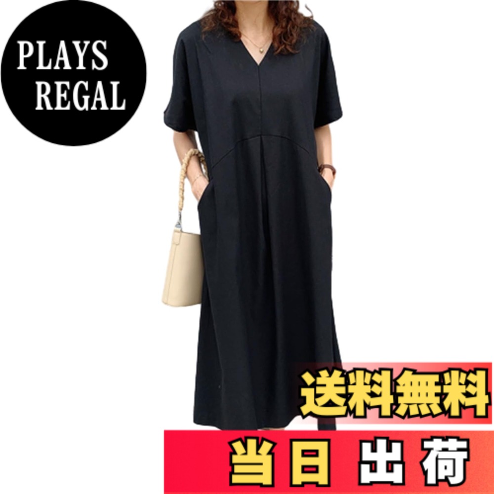 【送料無料】[CCGGOWMM] リネンワンピース 半袖ワンピ 綿麻 Ａライン Vネック ロングワンピース 麻 無地 体型カバー ファッション リネンワンピ マキシ おしゃれ カジュアル Aラインマキシワンピ ゆったり 体系カバー 柔らか 春夏 色：ブラック、サイズ：Free Size