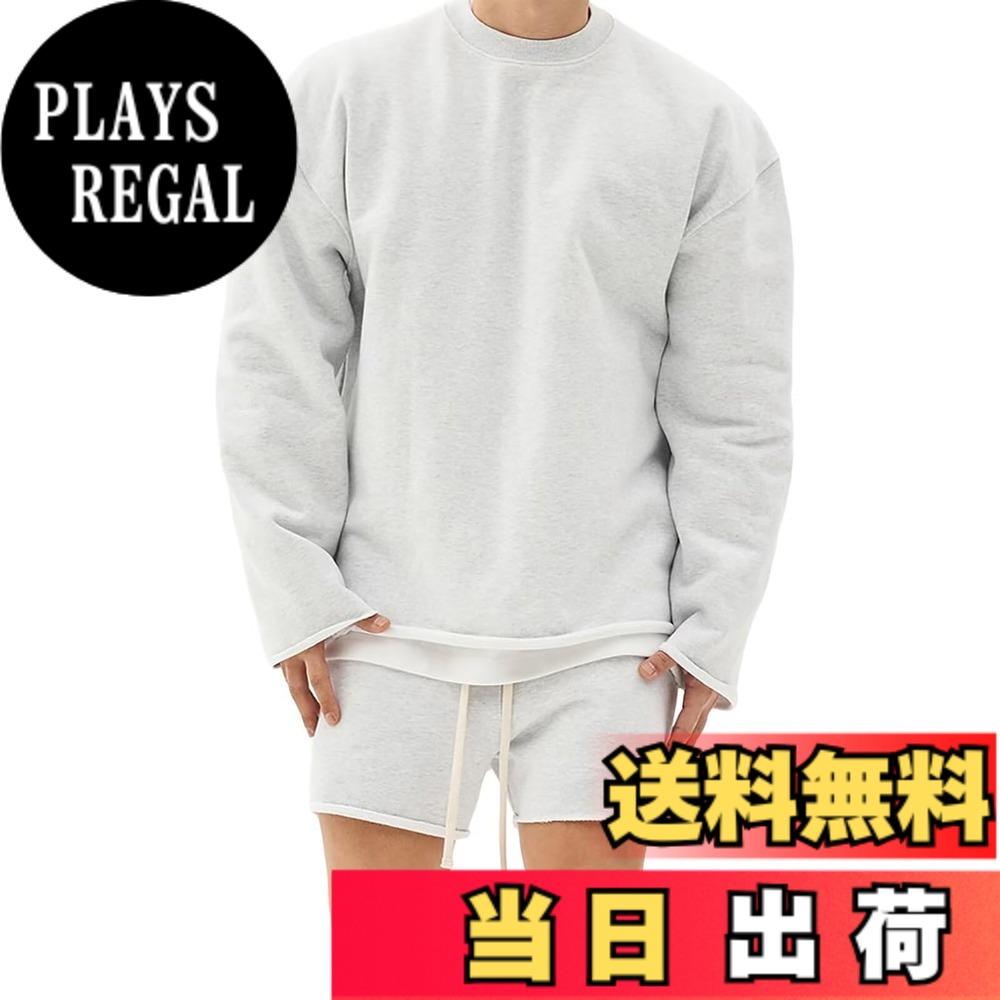 【送料無料】[KULIXI] トレーナー 長袖 メンズ 無地 プルオーバー トレーナー トップス カジュアル スポーツ トレーニングウェア 筋トレ ジム 丸首 おしゃれ オーバーサイズ パーカー 春秋服 CA-1143 色：0298+5344(薄い灰)、サイズ：L