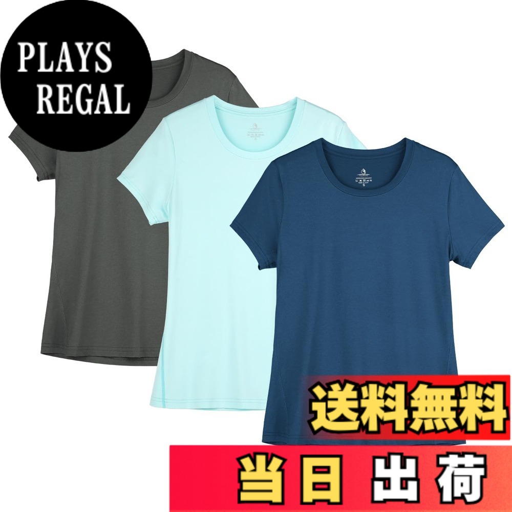 【送料無料】[icyzone] スポーツウェア レディース Tシャツ ヨガウェア ランニングトップス 半袖 速乾 通気 カジュアル 大きいサイズ フィットネス アスレチック 3枚入 色：ダーク グレー/トゥルーブルー/水色、サイズ：L