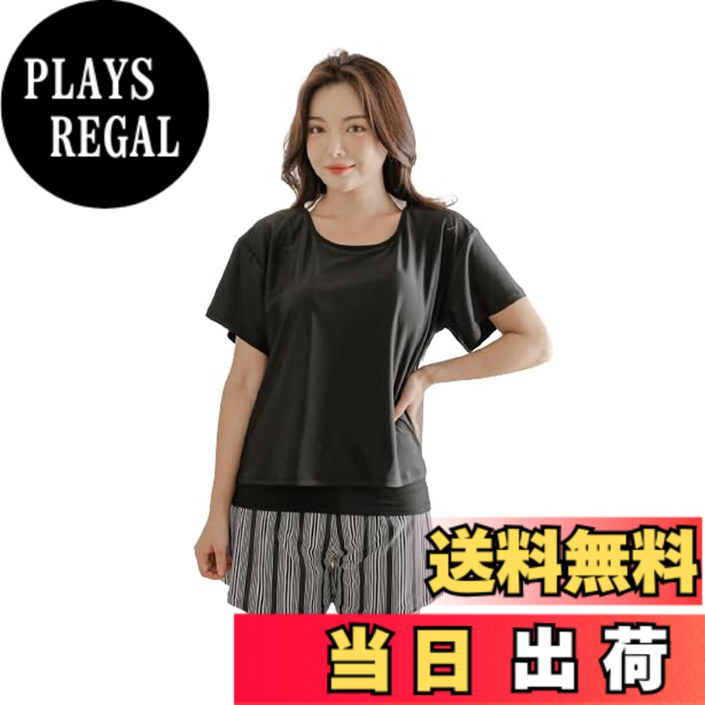 【送料無料】[growncharm] 水着 レディース 体型カバー タンキニ Tシャツ パッド付き 一体型 水着 【UPF50+ UVカット加工】【2点セット】[SLV31201] 色：C、サイズ：L